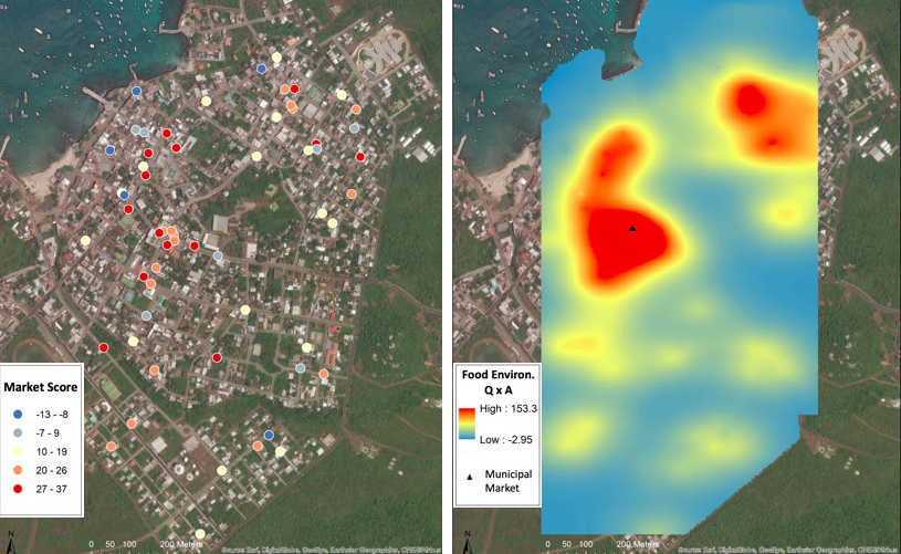 Left: aerial map of part of the Galapagos with "Maker Scores" indicated; right: same map but with a radar superimposed indicating "Food Environment Q x A"