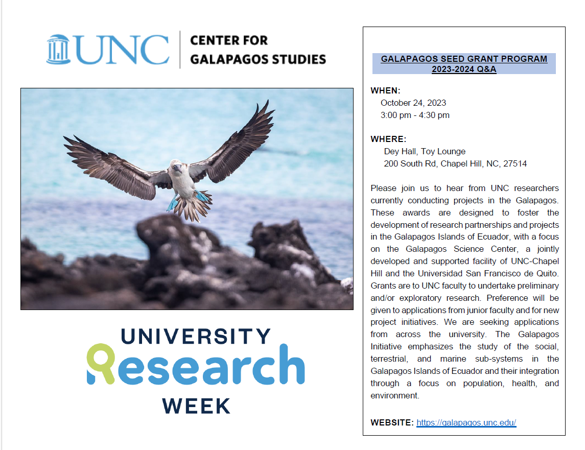 Flier for Galapagos Seed Grant Program Q&A session with details included in the text above, a picture of a blue-footed booby in flight, and the UNC Center for Galapagos Studies logo.