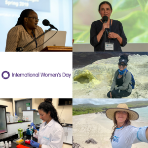 Collage of headshots, left to right: Gina Chowa, Stella De La Torre, Cristina Vintimilla, Alice Skehel, and Salomé Jaramillo Gil. Above Salomé is the International Women's Day logo.