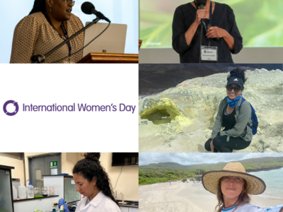 Collage of headshots, left to right: Gina Chowa, Stella De La Torre, Cristina Vintimilla, Alice Skehel, and Salomé Jaramillo Gil. Above Salomé is the International Women's Day logo.