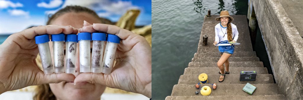 Collage, left to right: Savannah Ryburn holds up six test tubes filled with sand-like material in front of her face; Savannah Ryburn stands on a dock, holding her field notebook.
